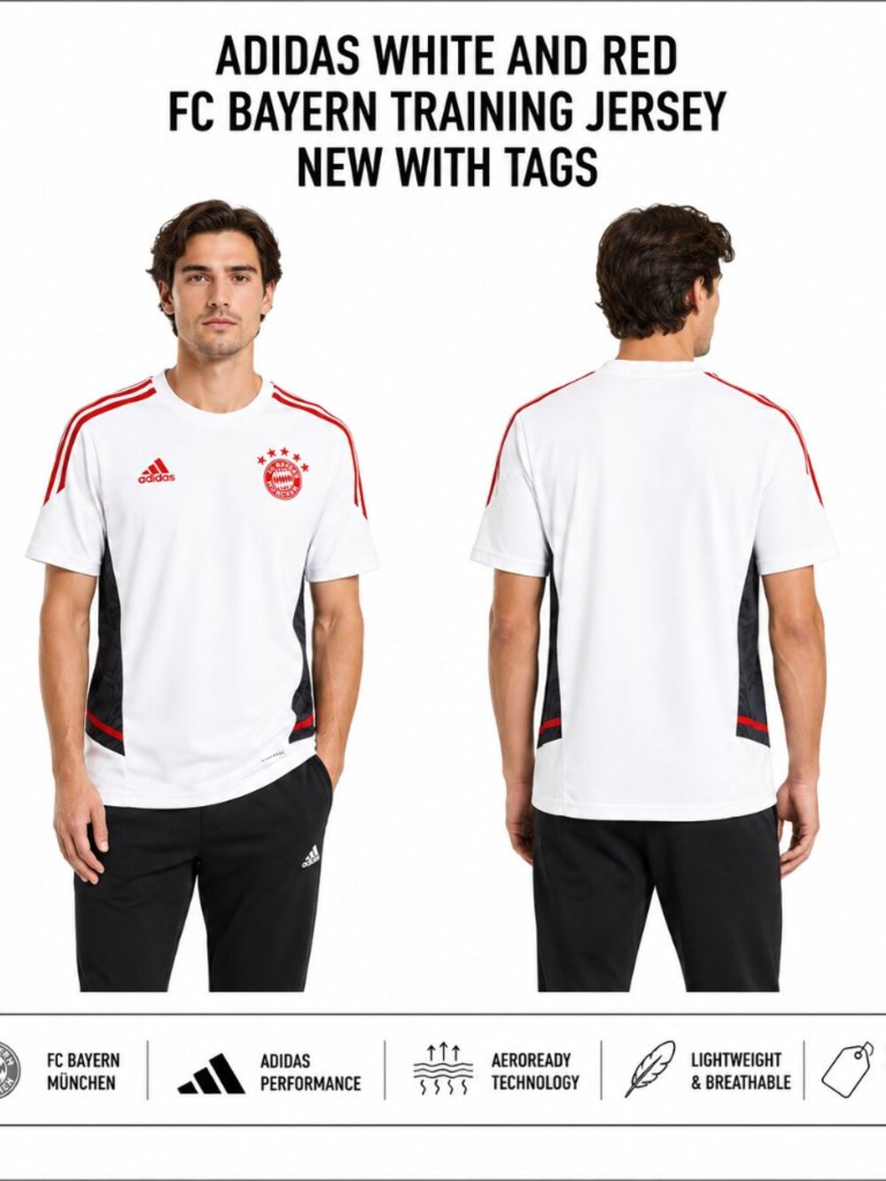 ADIDAS WHITE RED FC BAYERN TRAINING JERSEY M NWT